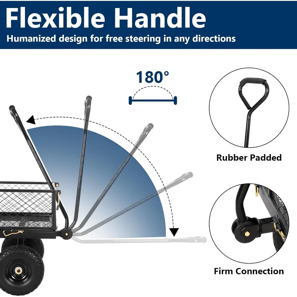 Heavy-Duty Garden Cart with 880 lbs Capacity, 180° Rotating Handle, Removable Sides, 4 Cubic Feet Flat-Free Tires