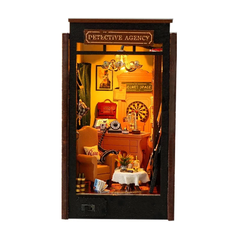 

OUZEY Wooden Detective Agency Book Nook Miniature Model Kit DIY Furniture Bookshelf Bookend Insert for Friends Gift