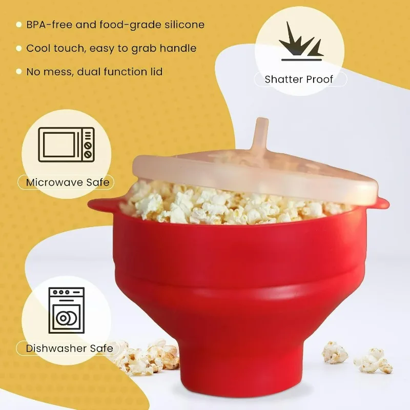Collapsible Silicone Microwave Popcorn Popper Maker Machine, Microwavable Bowl Holds 16 Cups,The Most Colors Available (Red)