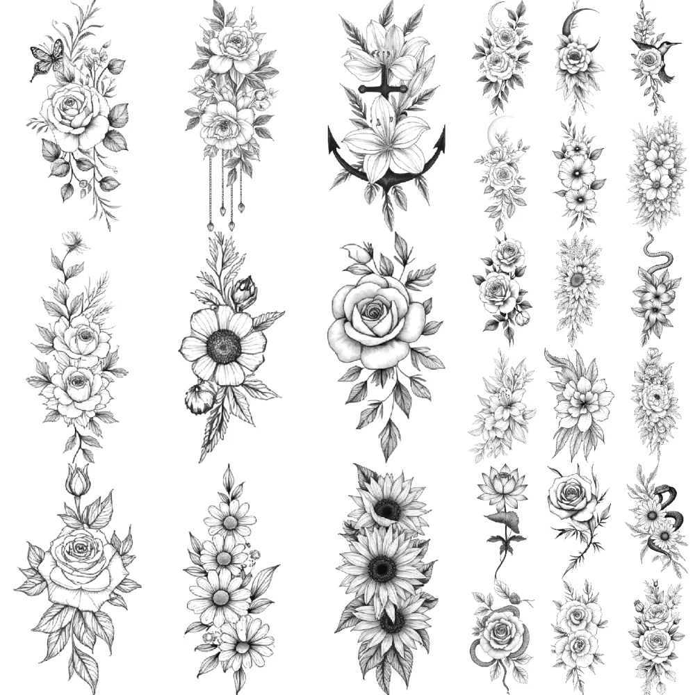 

9pcs Temporary Tattoo Line Art Snake And Flowers Butterflies Floral Arrangements For Shoulders Thighs Back