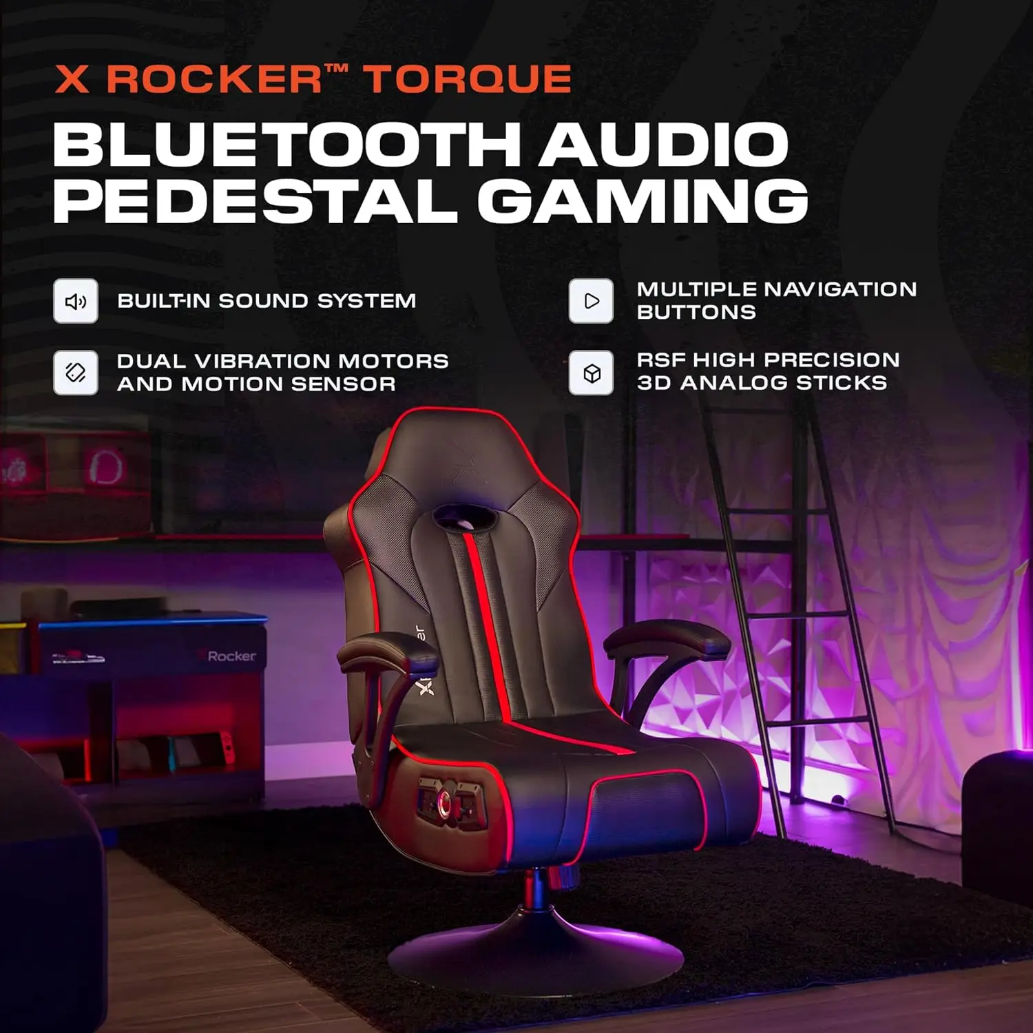 Torque Pedestal Gaming Chair, Áudio Bluetooth com Subwoofer e Vibração