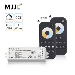 DC 12V 24V LED Controller for CW WW Strip Lights CCT 2 Wires Push Dimmer 0-100% Dimming Function Wireless RF Remote Control V2-S