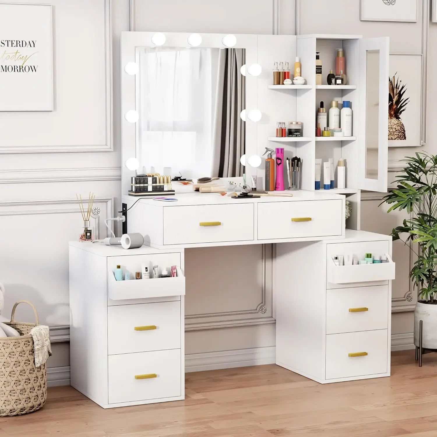 PAKASEPT Makeup Vanity Desk with Mirror and 3-Color Lights, Large Vanity Desk with Charging Station, Vanity Table