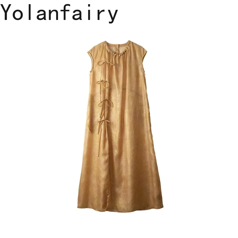 YOLANFAIRY Women Sleeveless Slip Dress Two Piece Set 100% Real Mulberry Silk Organza Gold Woven Jacquard Loose Elegant Dresses