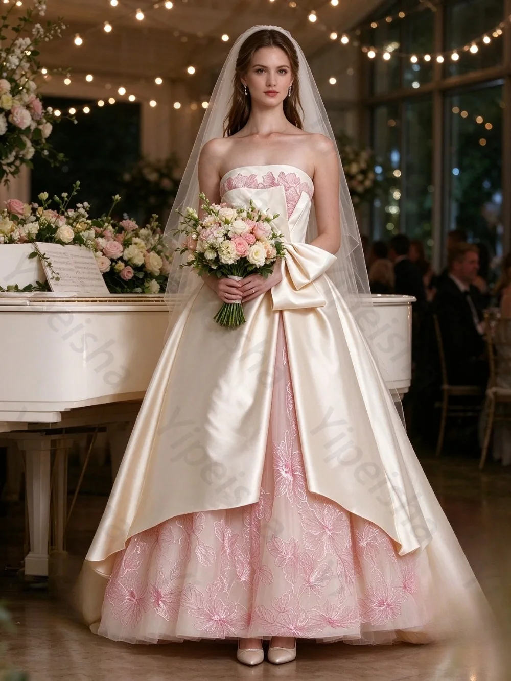 Customized Cream Satin Evening Gown Strapless Large Bow Pink Floral Lace High-Low Formal Dress Elegant A-Line Prom Party Gown