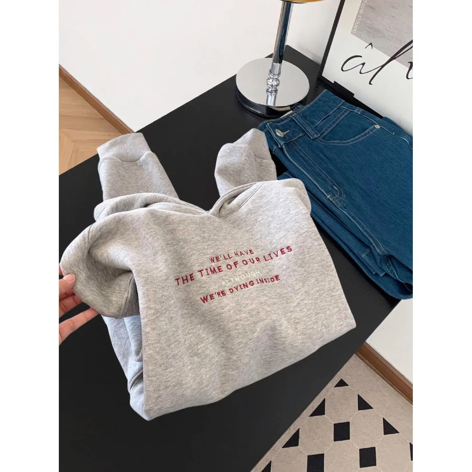 Clean Minimalist Grey Hoodie Women's Fashion Layering Warmth Letter Design Long Sleeve Polyester Spandex Commute Style Hooded