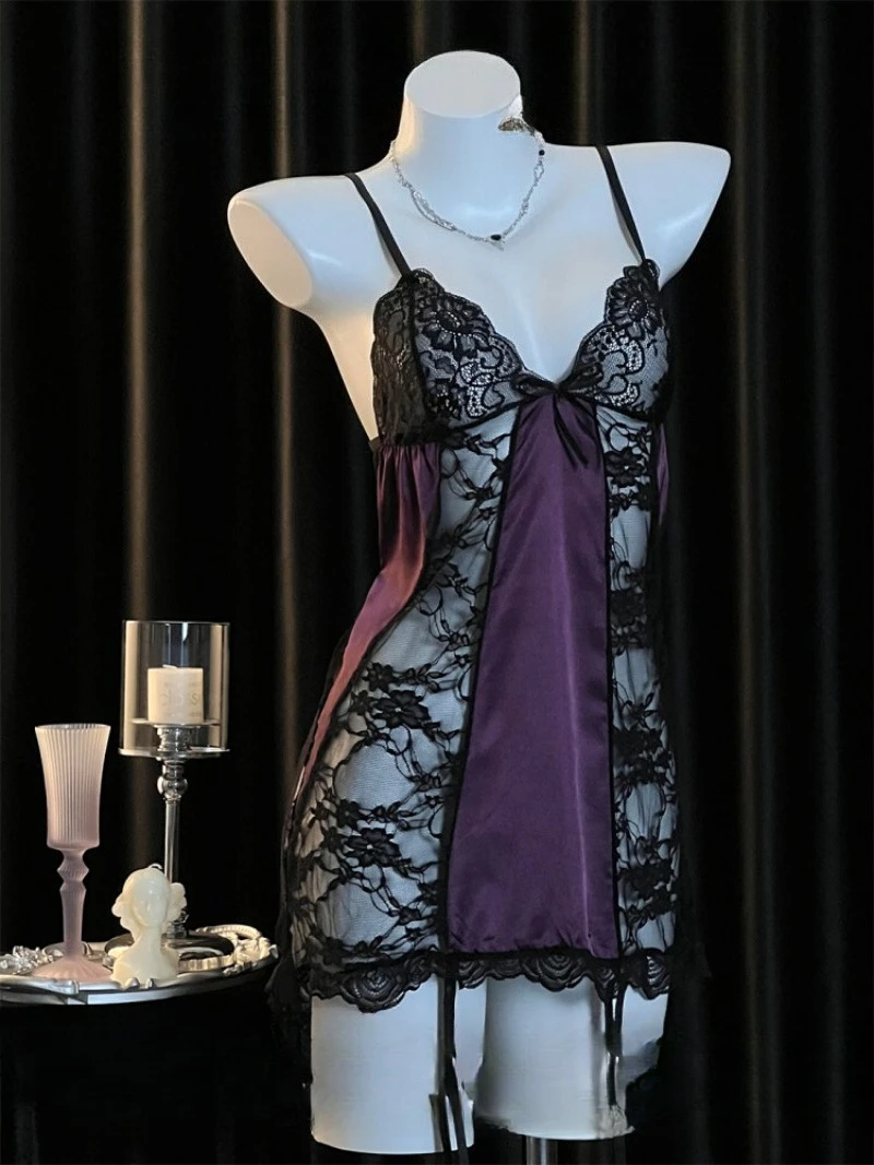 

Ice Silk Thin Lace Deep V Halter Nightgown for Women,Sexy and Pure Sensual Backless Design,Romantic Strappy Pajamas,Elegant