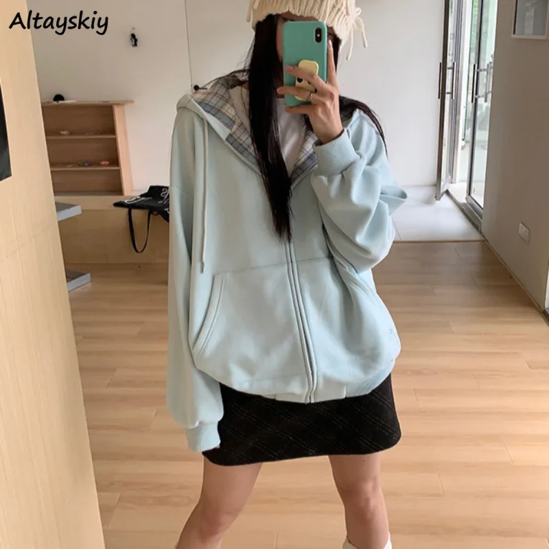 Mit Hut Hoodies Frauen Herbst Süße Studenten Sanfte Patchwork Gestreiften Reißverschlüsse Taschen Blau Trendy Gemütliche Koreanische Stil Streetwear