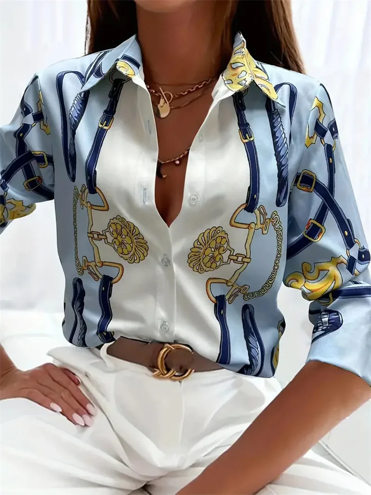 

Elegant Long Sleeve Women's Shirt Boutique Vintage Pattern Printed Vintage Office Fashion Large Size Women's Daily Lapel Blouses