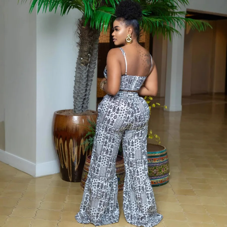 Two Piece Sets Women Pant Set Print Sexy Strapless Sleeveless Sling Tops Long Flare Pants High Waist Y2k Streetwear Party Work