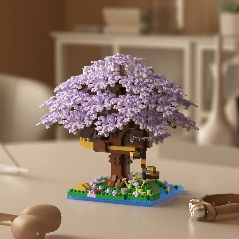 DIY Discoloration Cherry Blossom Flower Pink Tree House Train Assembly Building Blocks Classic Model Bricks Sets Kid Boy Girl