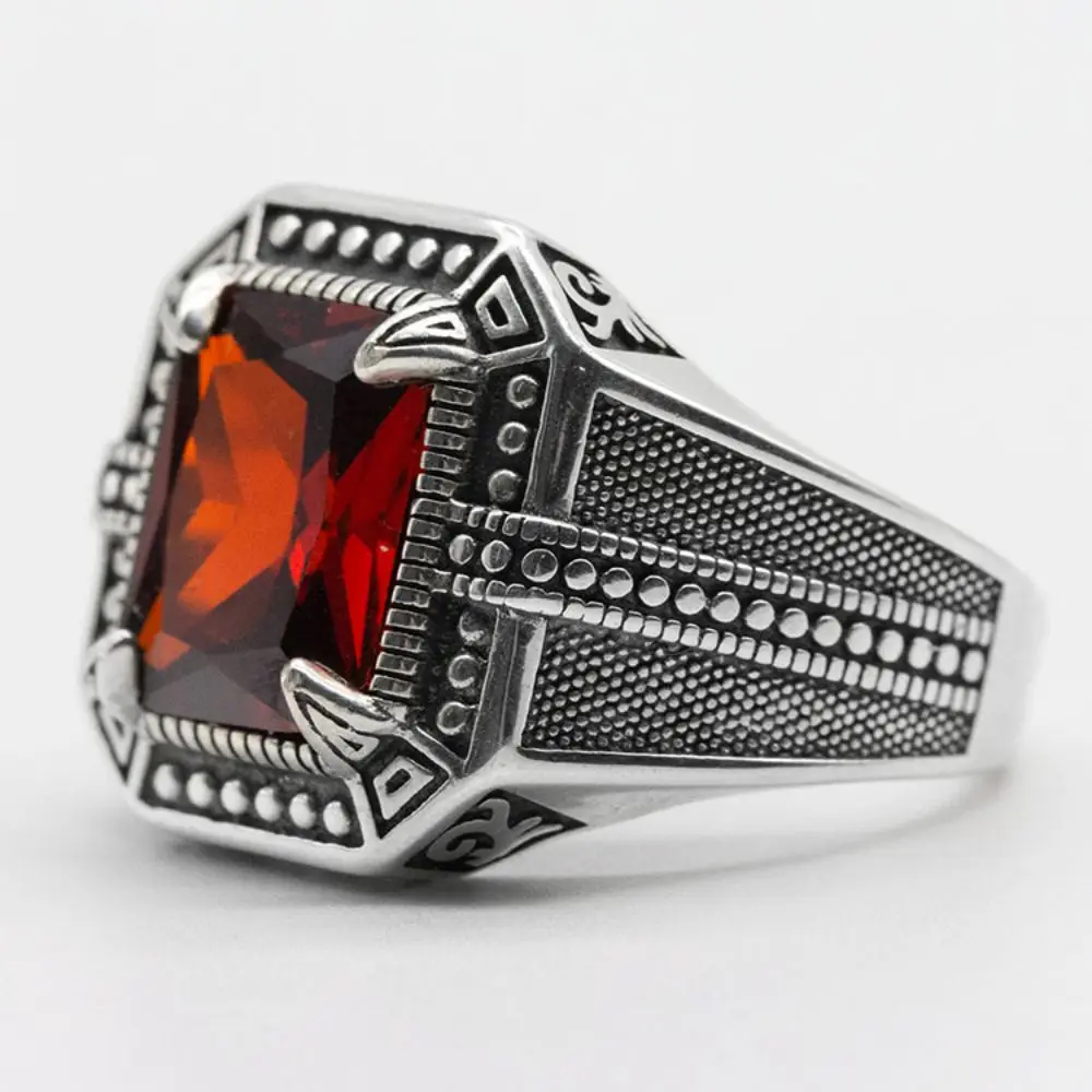 925 Sterling Silver Ring for Male with Red Natural Agate Stone Vintage Classic Simple 925 Silver Wedding Hand Rings Men