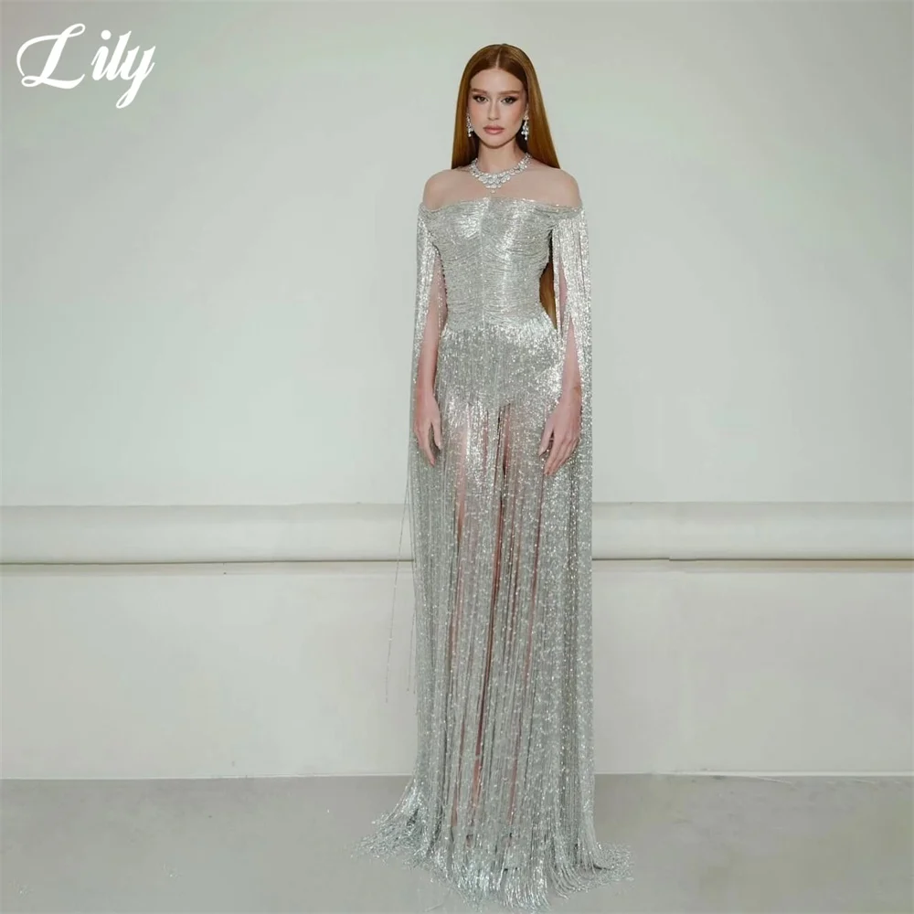 Lily Silver Tassel Modest Party Dresses Off Shoulder Cape Sleeve Evening Dresses Mermaid Floor Length فساتين السهرة Customized