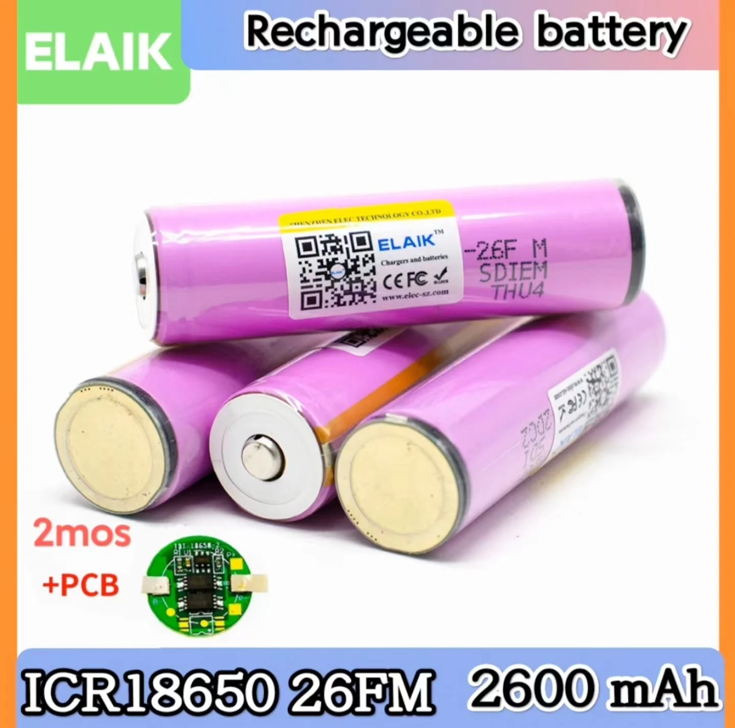 1-20PCS ELAIK 3.7V/4.2V 18650 2600mAh ICR18650-26FM Rechargeable Lithium Battery PCB Protection Board for Flashlight