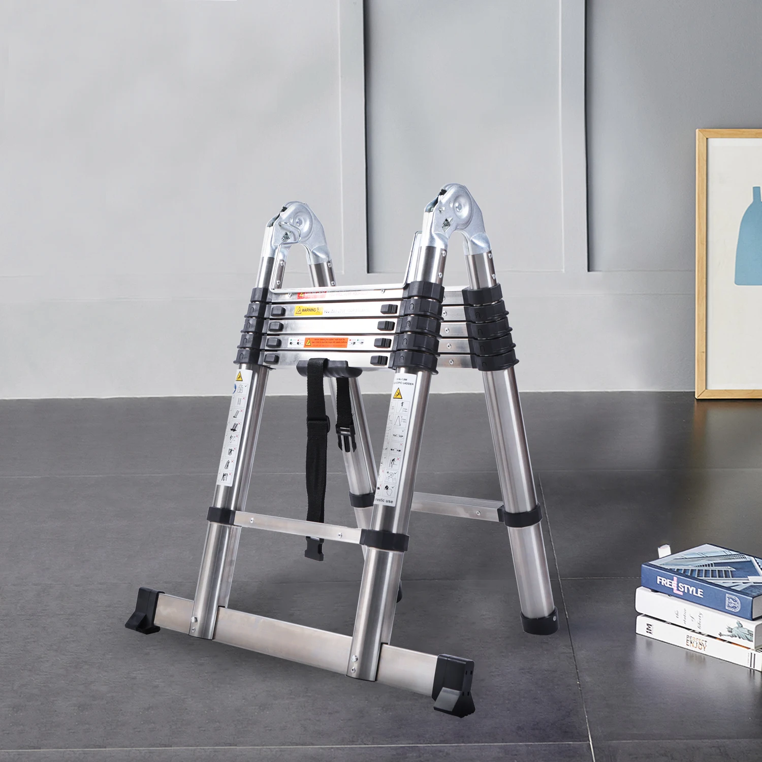 Échelles télescopiques pliantes en acier inoxydable avec stabilisateur, capacité 150 kg, pour la maison, 2,5+2,5 m