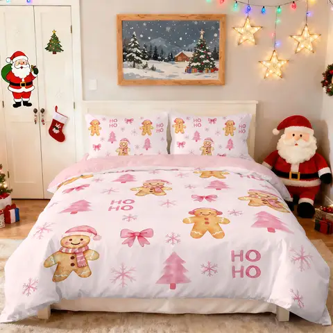 3pcs pink Merry Christmas gingerbread printed coreless bedding set multi size bedroom bedding holiday decoration comfortable