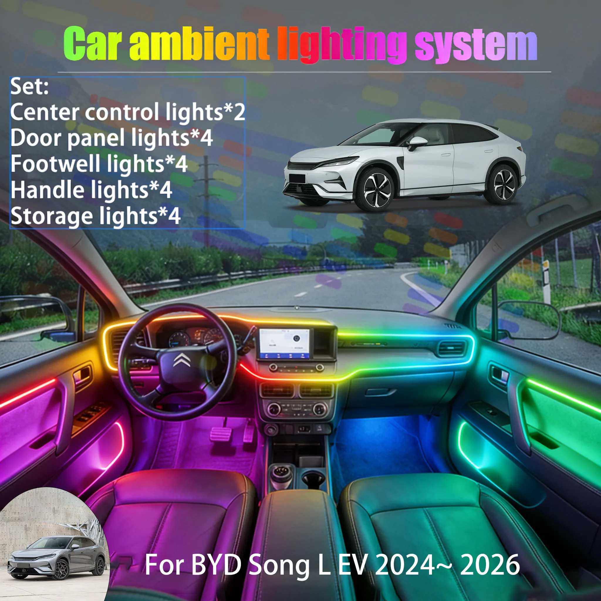 

For BYD Song L EV 2024~ 2026 2/18 in 1 Car ambient lighting Led trunk interior led lights USB RGB Ensemble Streamer Auto Parts