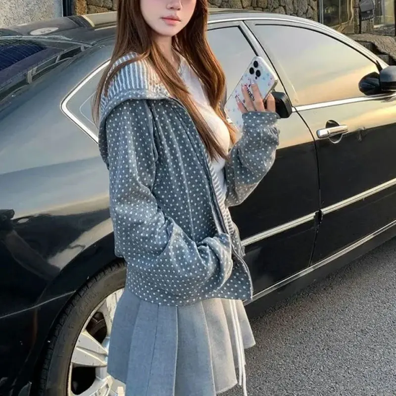 Felpe con cappuccio stampate casual a pois coreani Abbigliamento da donna Manica lunga Autunno Nuove felpe con coulisse alla moda con cerniera con cappuccio