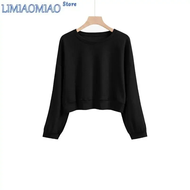 Korean Solid Color Sweatshirts New Autumn Women's Wear Fashion Temperament O-collalr Long Sleeve Loose Short All-match Top