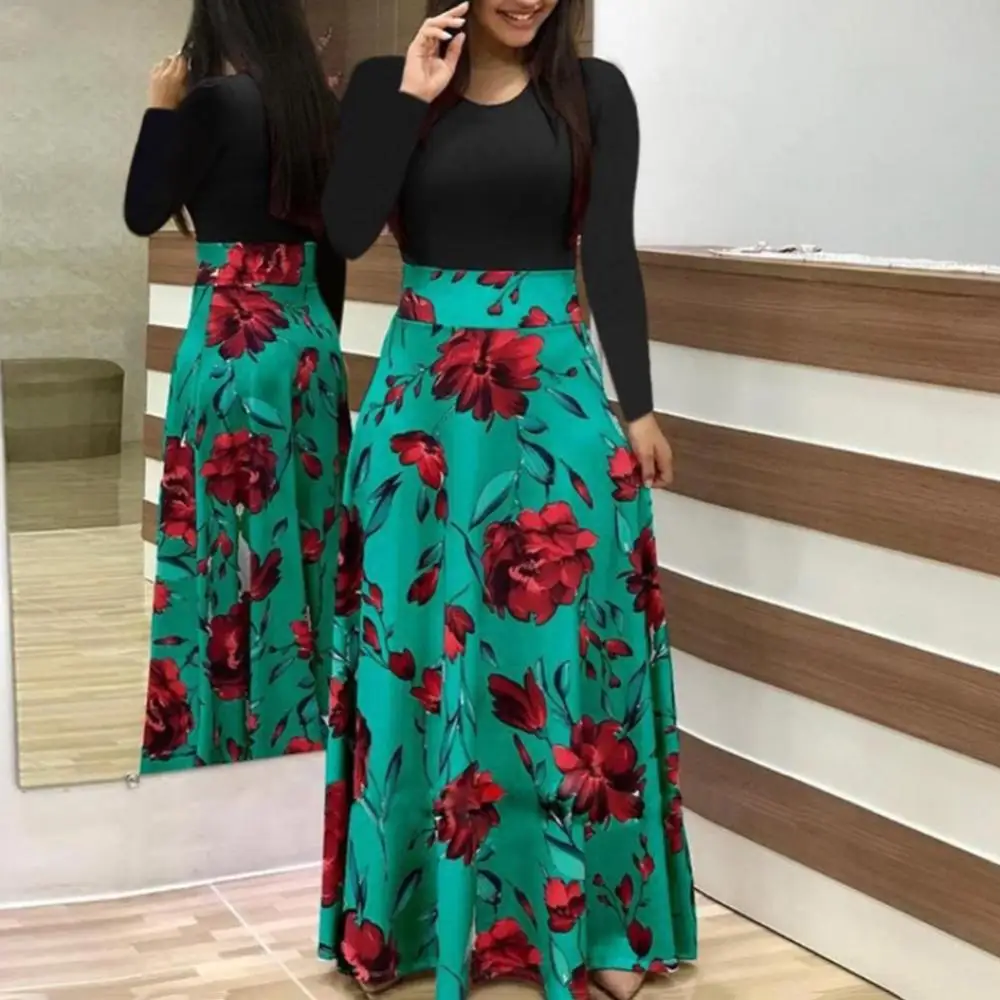 Flower Print Long Sleeve High Waist Women Maxi Dress 2024 European And American Women Large Swing Dress Beach Dresses Sundress