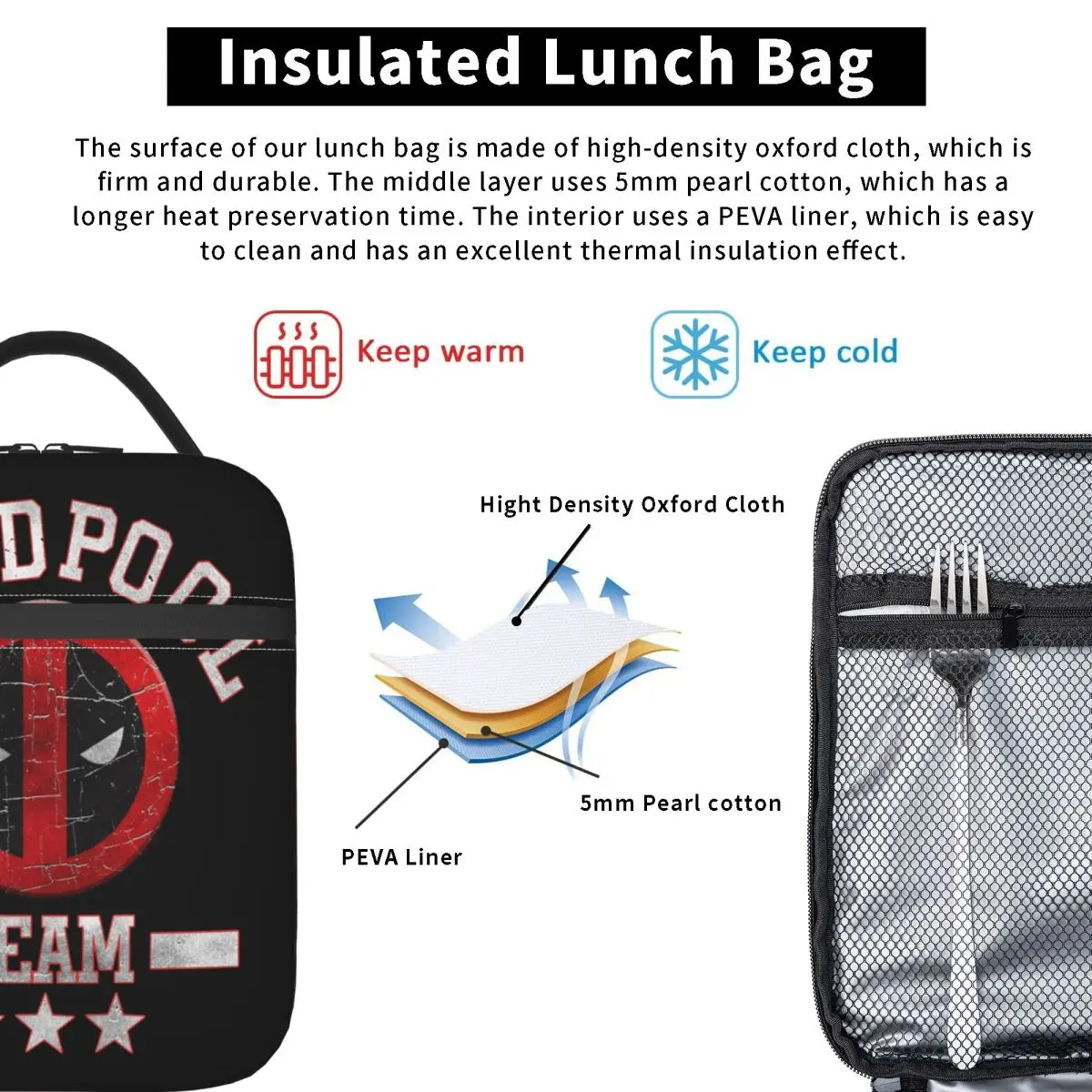 Deadpool Team Collegiate Stars Insulated Lunch Bags High Capacity Meal Container Cooler Bag Tote Lunch Beach Travel Men Women