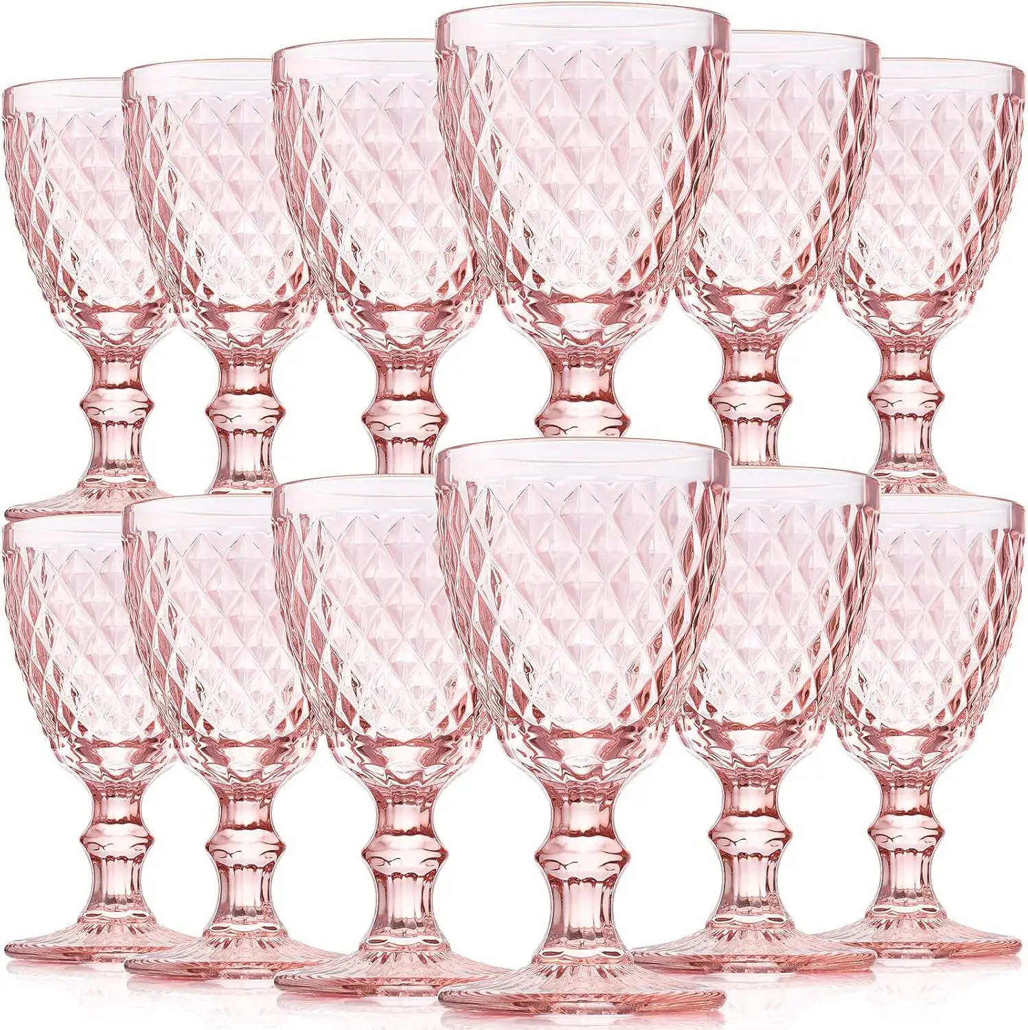 

12-Piece Pink Vintage Wine Glass Set with Embossed Pattern, 8 oz Stemmed Goblets for Parties and Daily Use