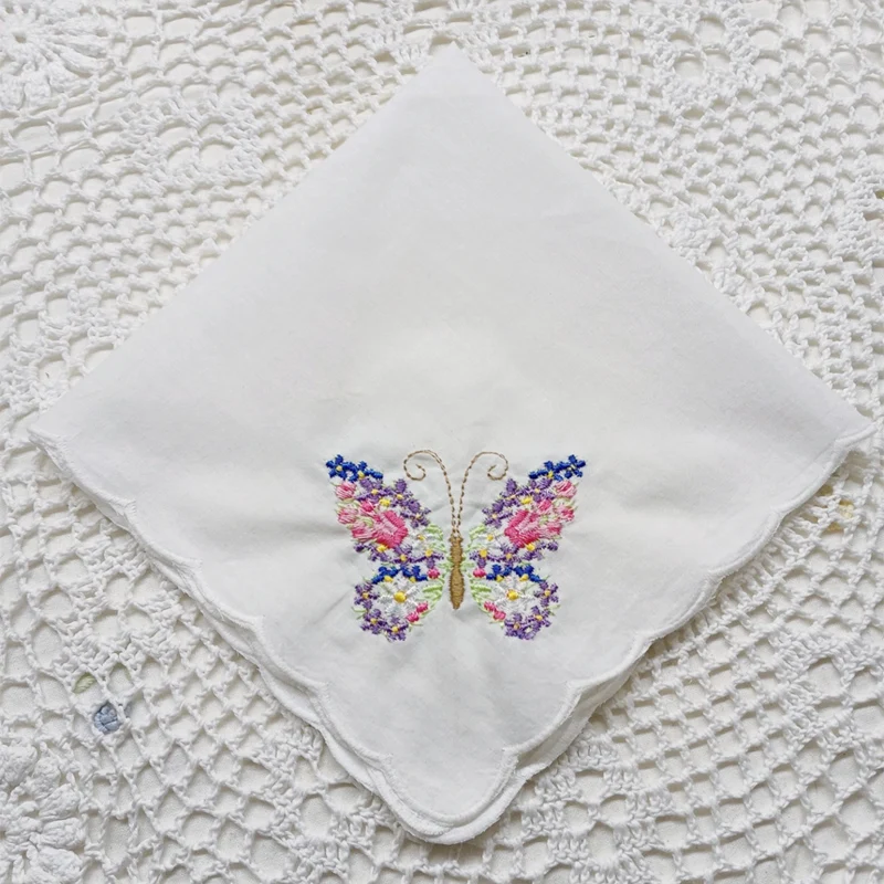 

Set of 12 Handkerchiefs White Cotton Cloth Fabric Wedding Hankies Scalloped Edges Hanky Embroidered Butterfly 12x12 Inch