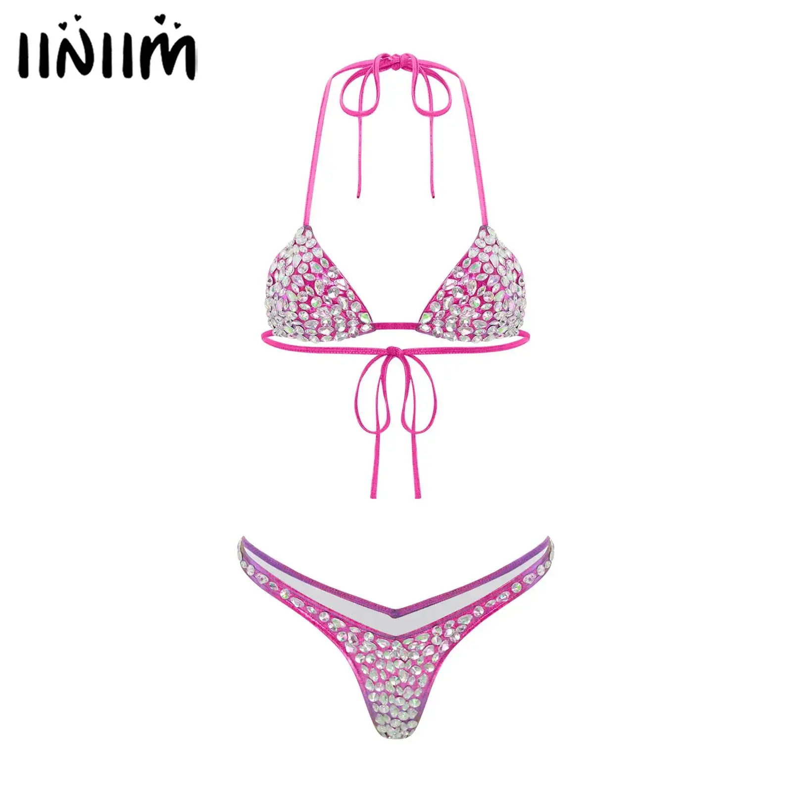 

Women's Sparkly Diamonds Mini Bikini Swimwear Triangle Biquini Set Halter Brazilian Bikini Swimsuit Bra And Triangle Thong Set