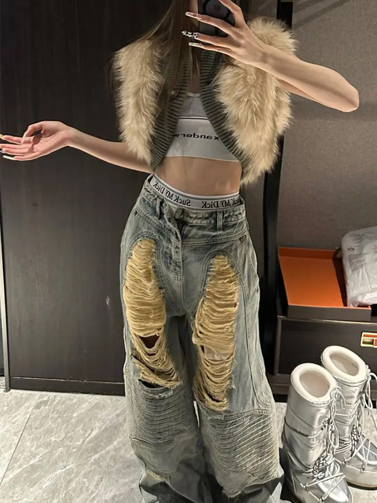 

American Vintage Wide Leg Washed Ripped Jeans 2000s Clothes Y2k Clothing Cargo Pants for Women Harajuku Fashion Women's Baggy