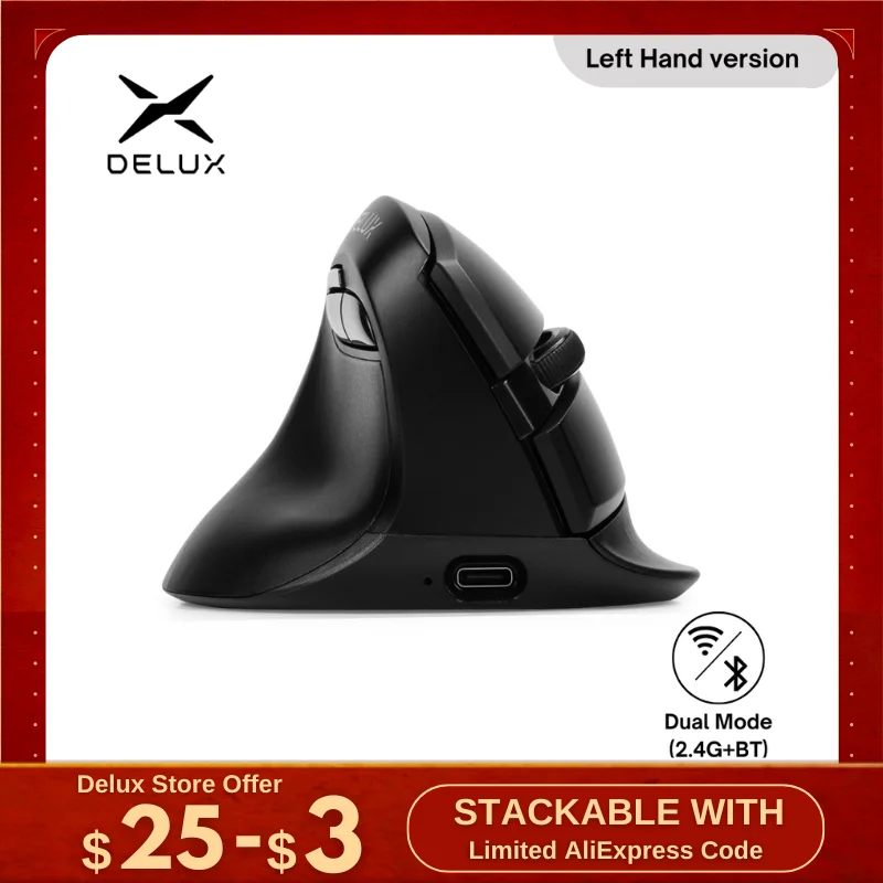 Delux M618ZD Left Hand Ergonomic Wireless Vertical Mouse Bluetooth 2.4GHz  Rechargeable Silent Click Mice for Office Small Hand