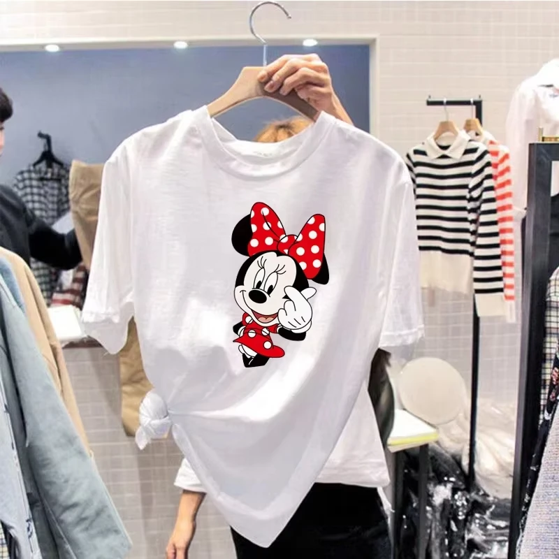 

Милый стиль Disney с Микки и Минни, женские топы с короткими рукавами, хлопковая футболка с забавным принтом в стиле аниме, летняя футболка для пары Y2K