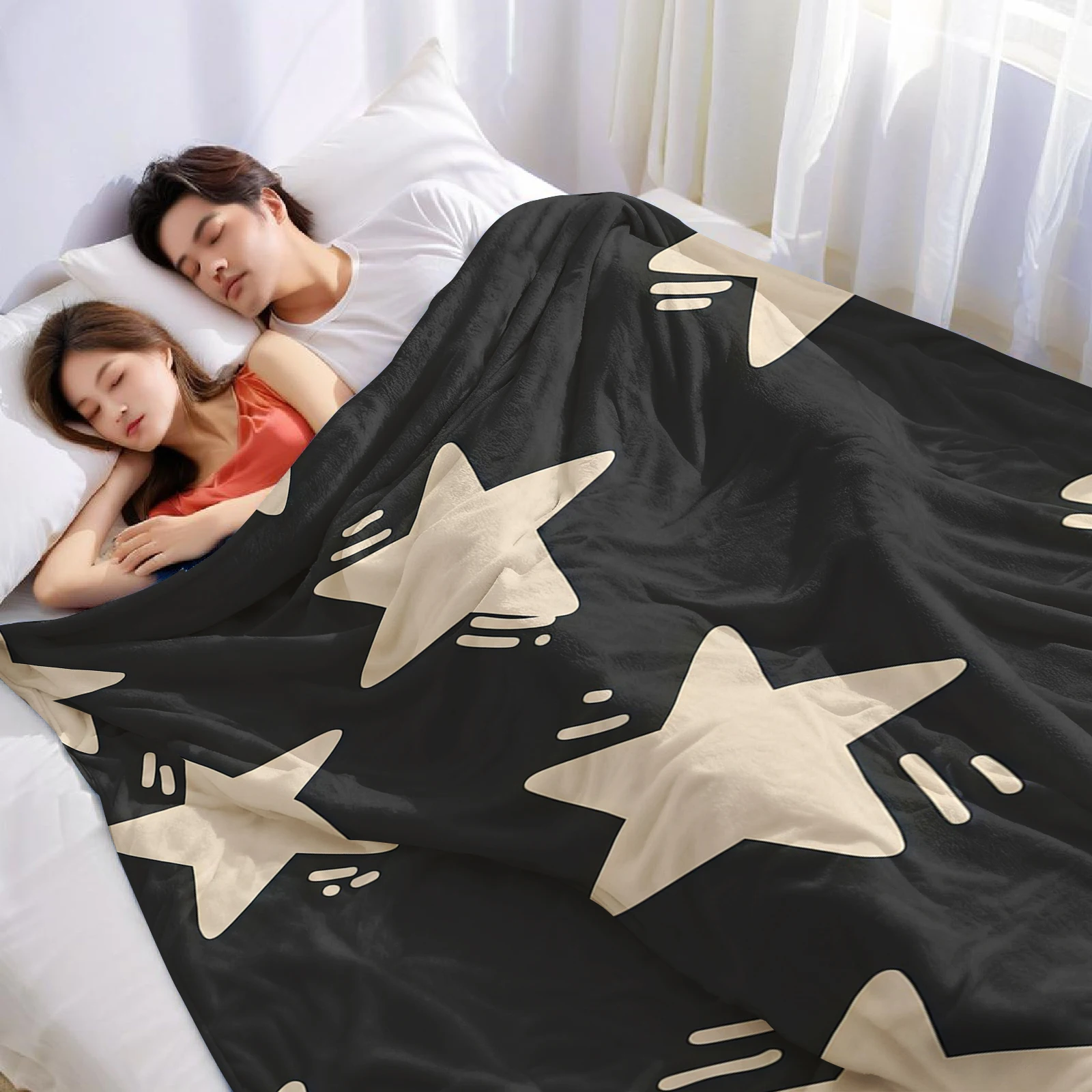 Black & Beige Star Ultra Soft Sherpa Fleece Blanket Fluffy Warm Thick Throw for Sofa Bedroom Couch Holiday Home Decor Gift