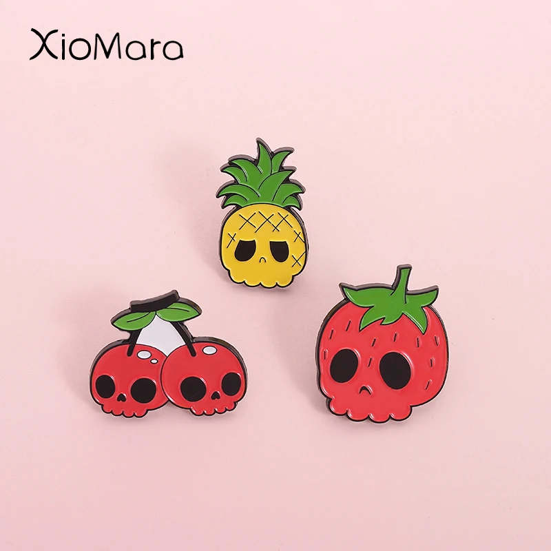 Erdbeere Kirsche Ananas Schädel Emaille Pins humorvolle und lustige Obst Skelett Broschen Revers Abzeichen Schmuck Geschenk für Freund