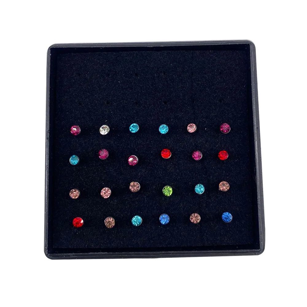 1Set 24pcs Stainless Steels Colorful  Rhinestones Ear Stud Fashion Nose Ring Body Piercing Jewelry Accesories Supplies for Women