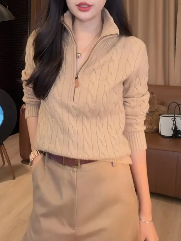 

Ele Knitwear Stand Collar f Zipper Autumn New Sle plus Size Versatile Top Warmth Emitting Long Sve Camere Wool