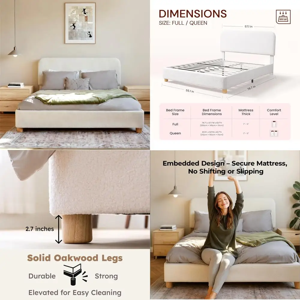 Queen Size Cloud-Inspired Upholstered Bed Frame with Adjustable Headboard, Solid Wood Legs, and Rounded Corners