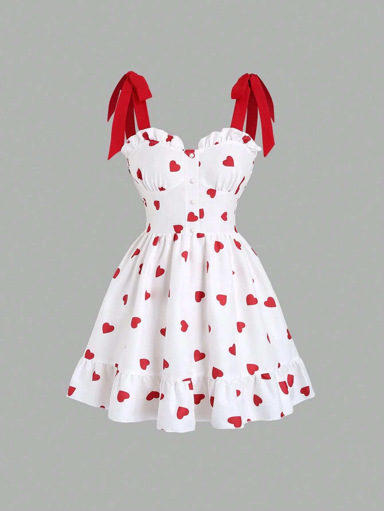 

Женское мини-платье с принтом в виде красных сердечек, с завязками-бантиками и рюшами по подолу