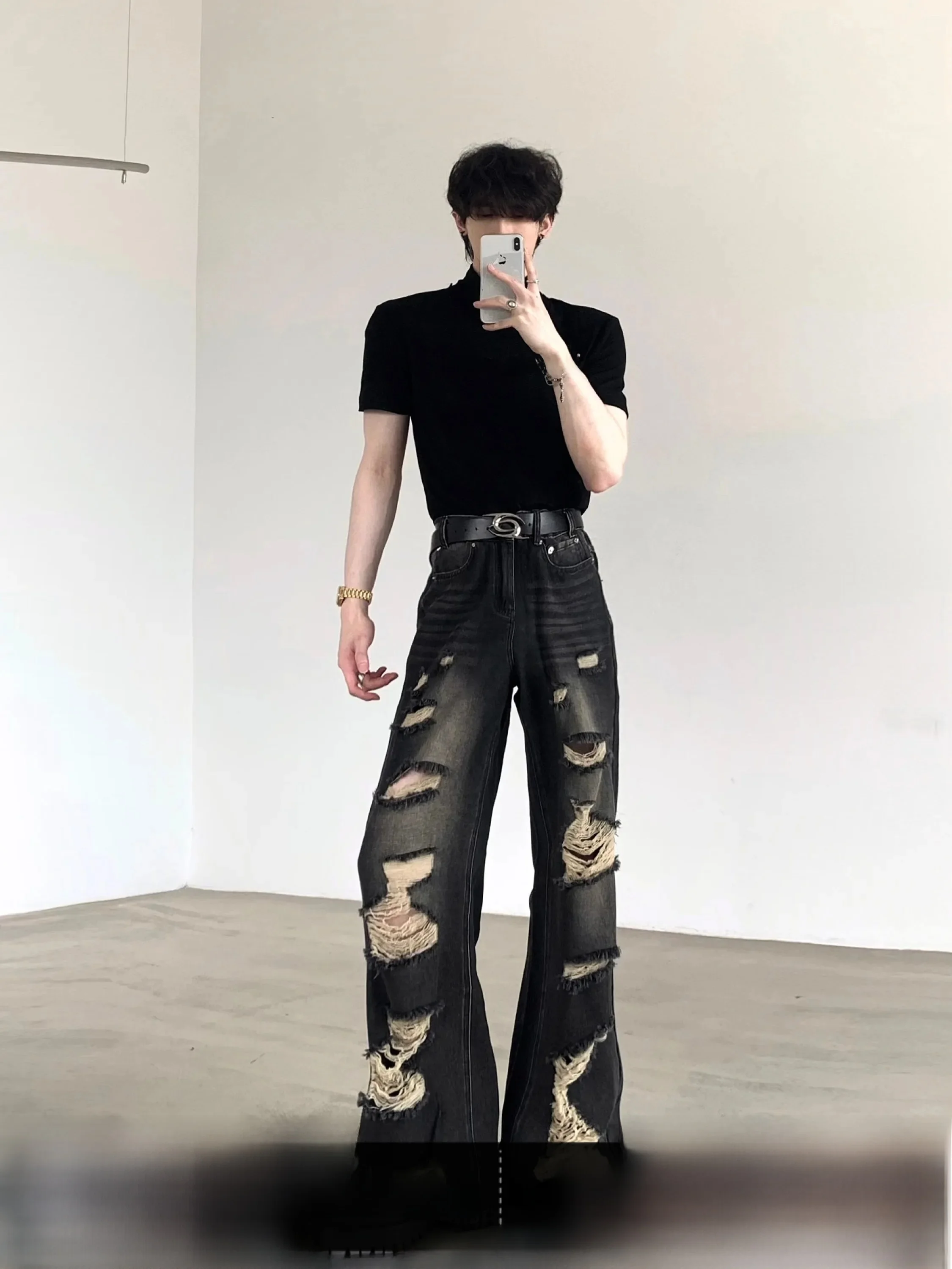 

Retro High Street Men's Denim Jeans Fall Mountain Wind Cuffed Wide Leg Pants Vintage Worn Look Distressed Visual Drape Effect