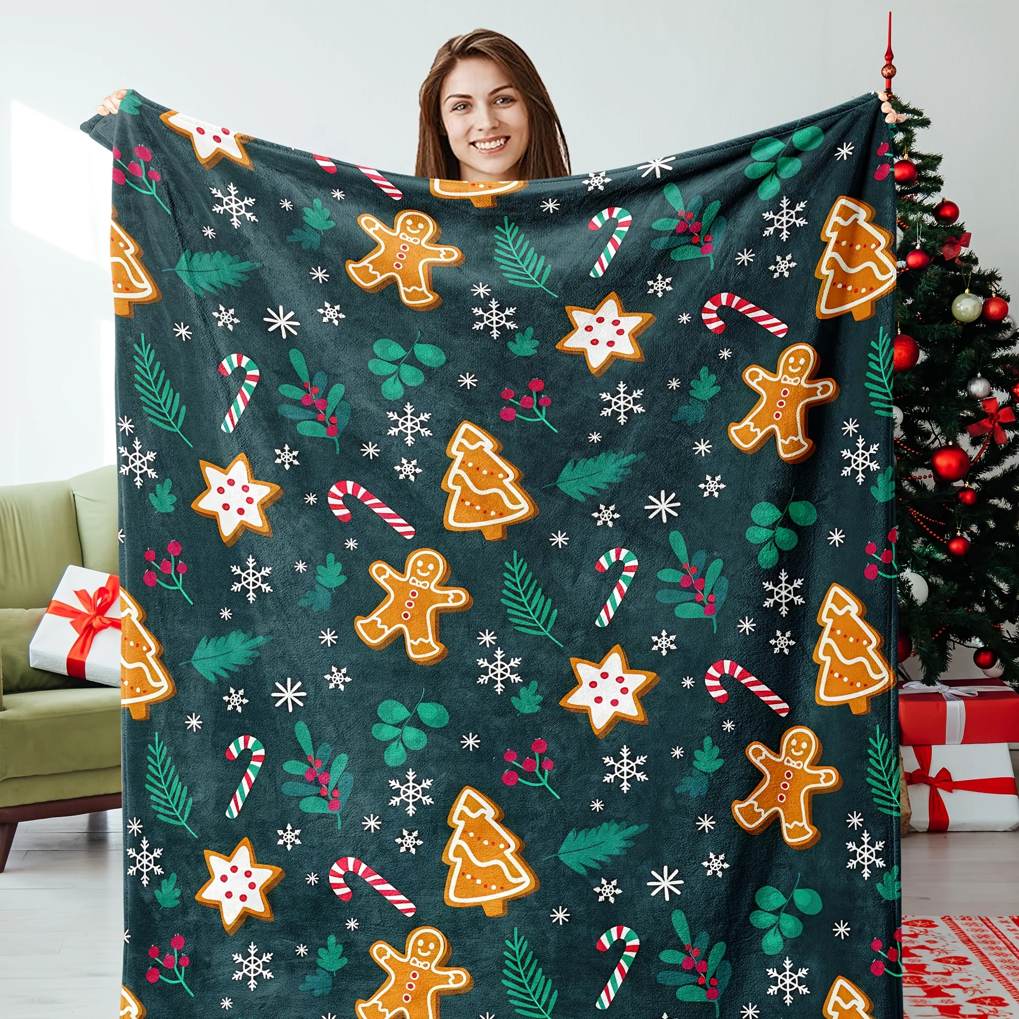 1pc Kerst Peperkoek Heren Flanellen Deken - Groene Vakantie Gooi met Sneeuwvlokken & Snoepstokken, Zacht Gezellig All-Season Indoor/O