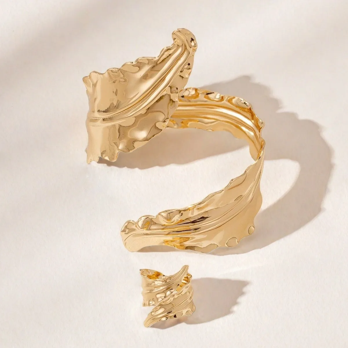 Vintage Gold Folded Leaf Bracelet & Adjustable Ring Set for Women