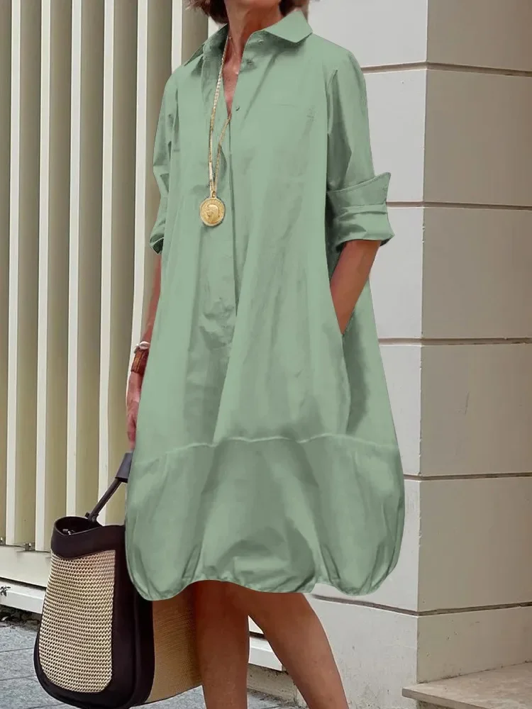 Yeezzi Women\'s Lapel Shirts Dress 2025 New Spring Summer Long Sleeves Loose Solid Color Casual Going Out Office Midi Dresses