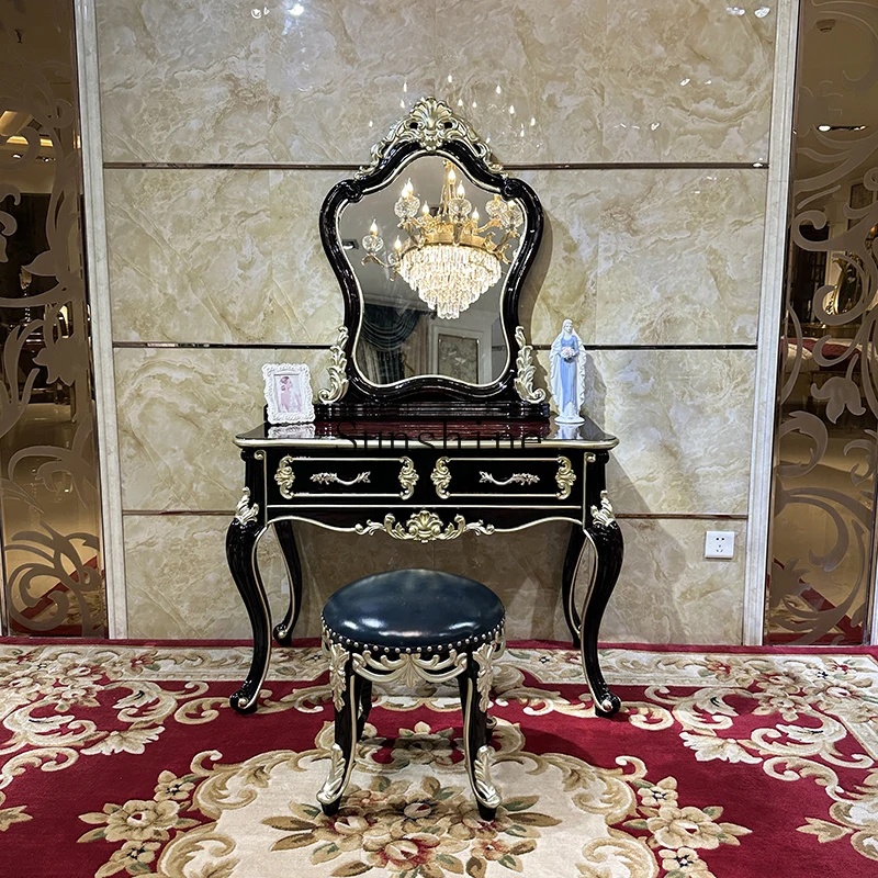 

French solid wood dresser luxury natural veneer parquet bedroom makeup stool combination