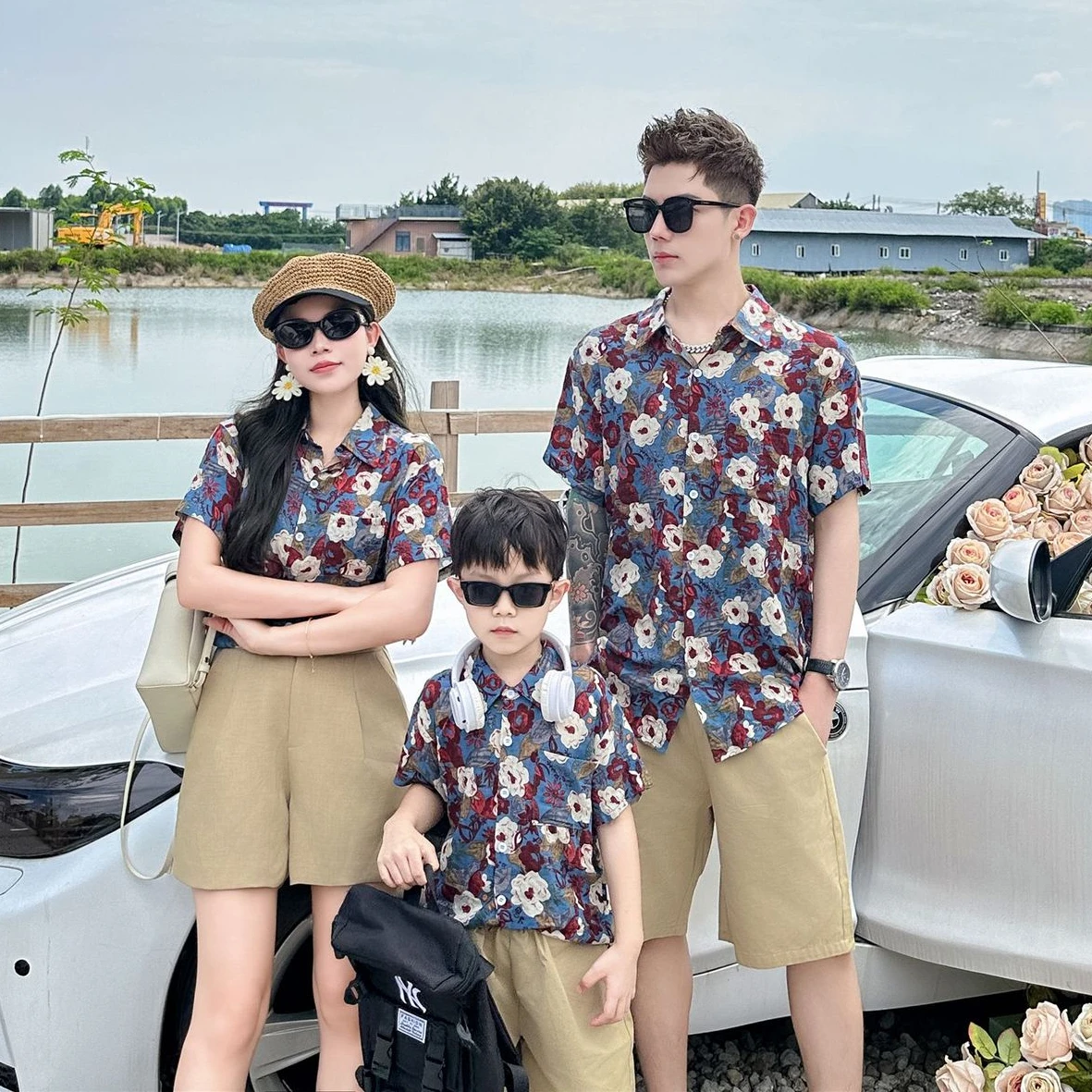 

Holiday Look Family Floral Shirts Vintage Father and Son Daughter Tops Shorts Matching Two Piece Set Mother and Children Clothes