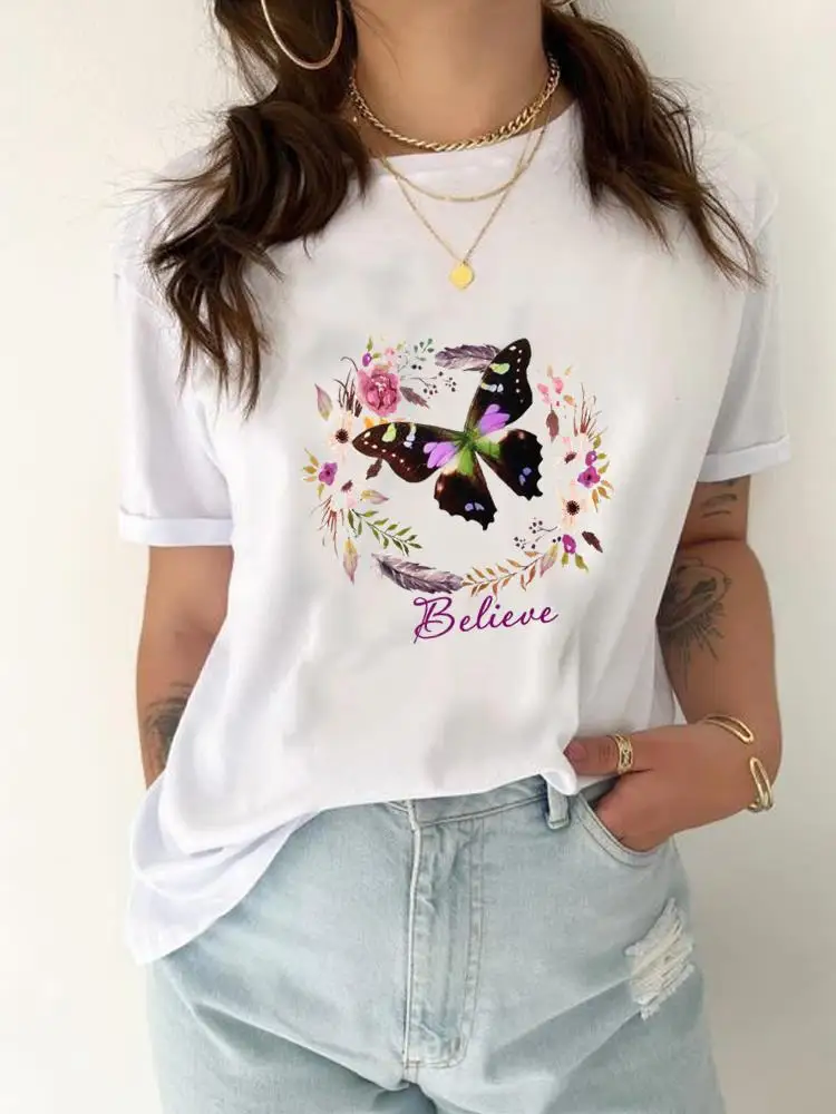 Camiseta de manga corta con estampado de plumas y acuarela para mujer, ropa informal a la moda, Camiseta estampada de verano