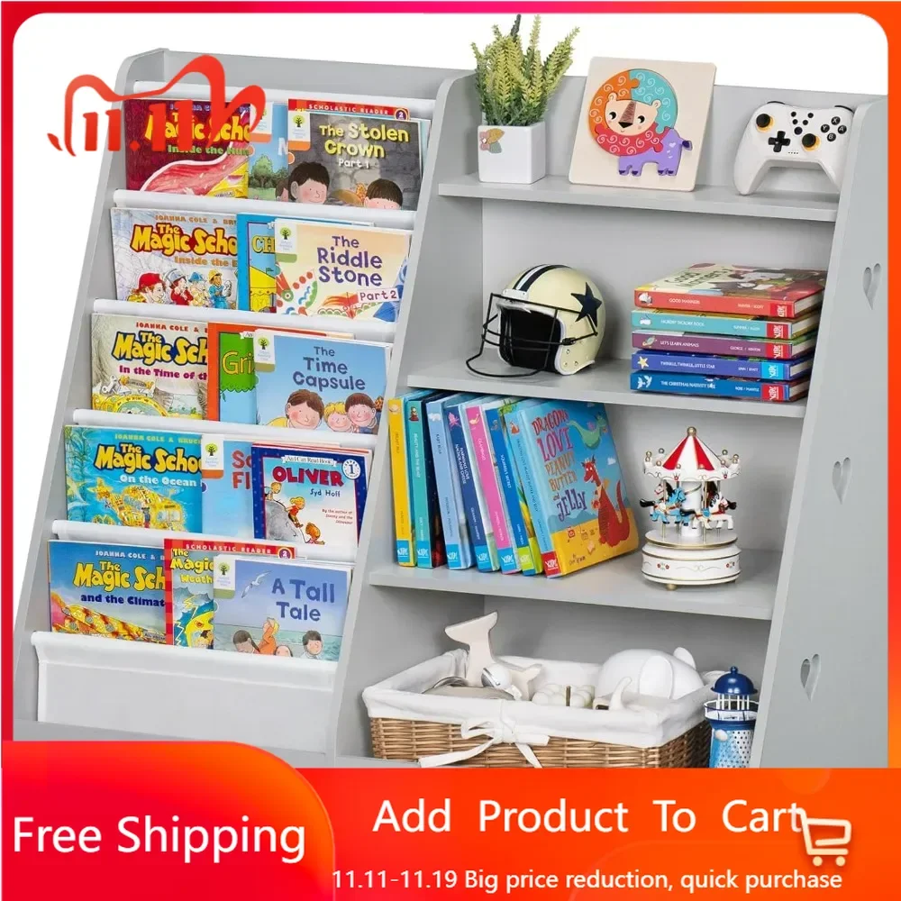 4 Tier Kids Bookshelf and Storage Organizer, Five Layer Sling Children Bookcase,Baby Toddler Wooden Book Shelf, Display Cabinet