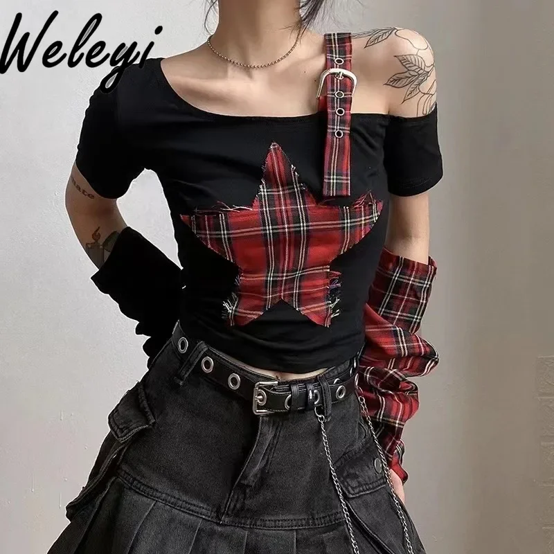 

Subculture Punk Tee Top Y2k Hottie Plaid Short Sleeve T-shirt Women's Summer Irregular Off-the-shoulder Sleeve Graphic T Shirts