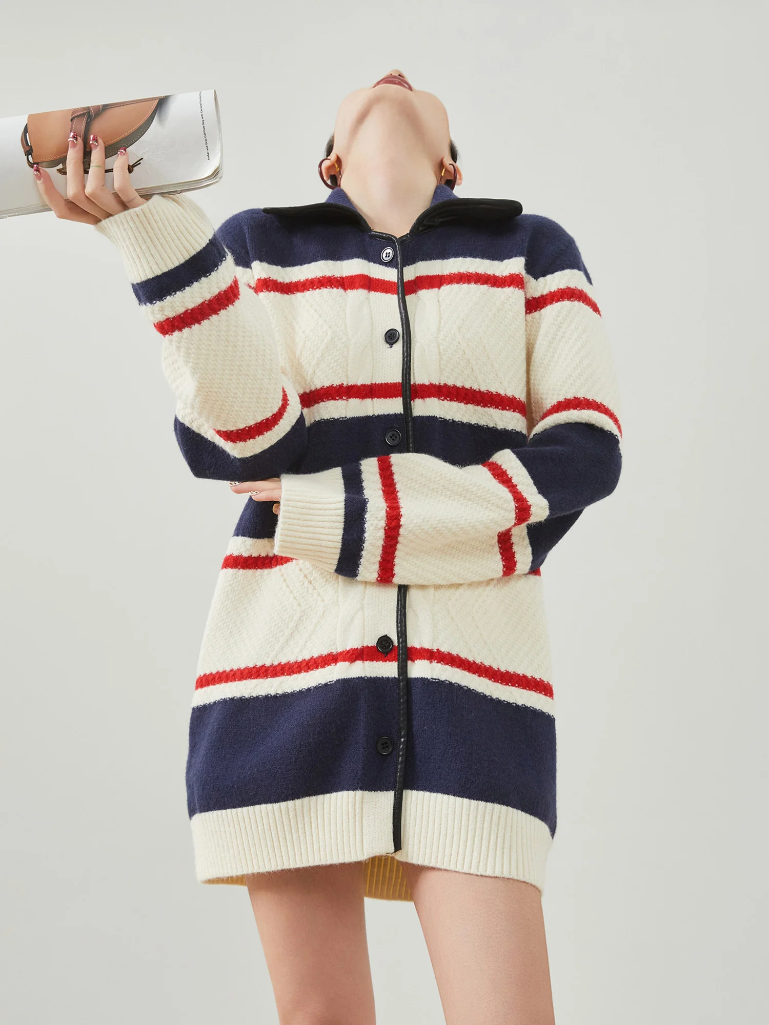 

Miu Sle College Faion Color Blo Striped Flip Collar Knitted Open Cardigan Women's Beautiful Thi Needle Twist Flower S...