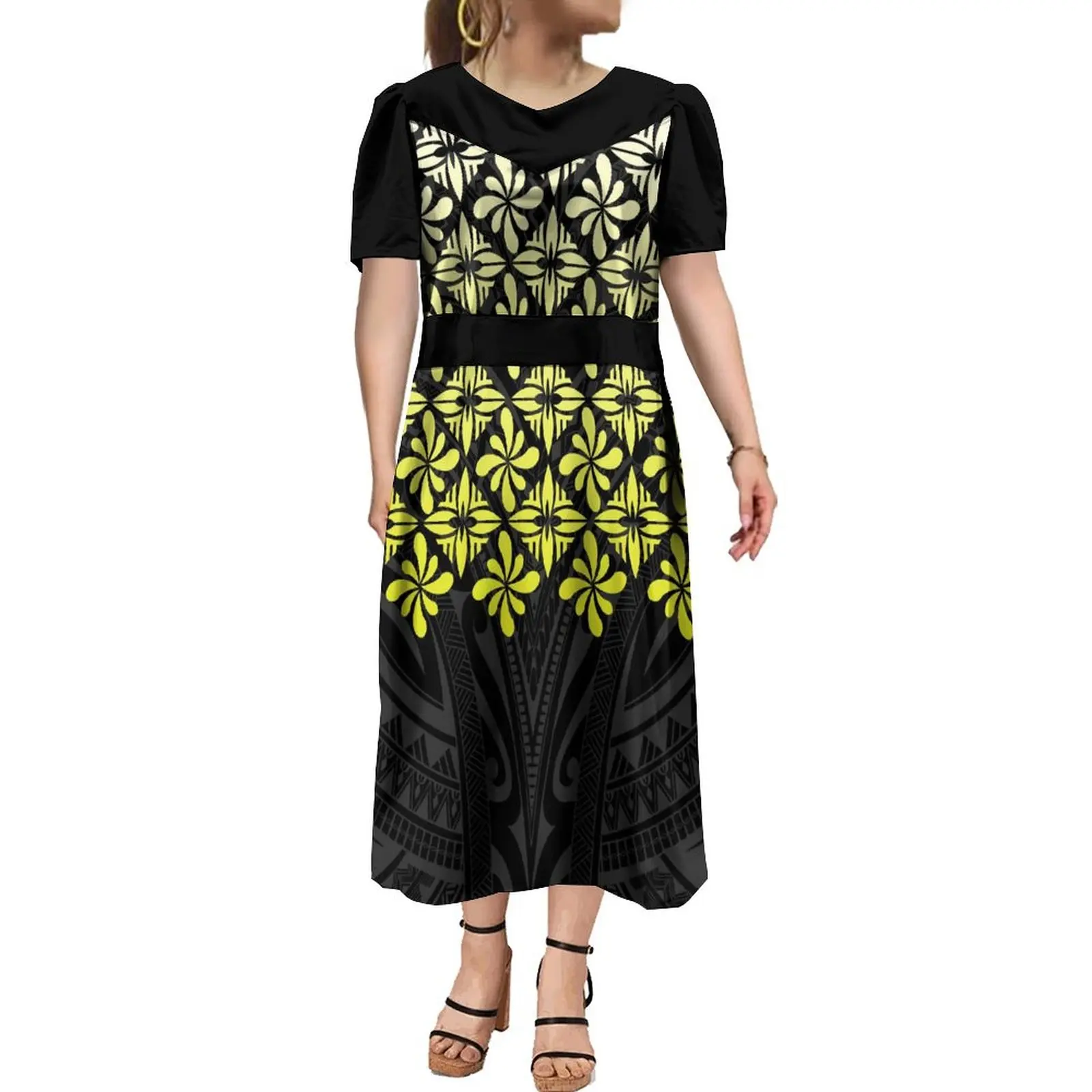 Latest Design Micronesia Mumu Plus Size Women'S High-Waisted Dress Polynesian Tribal Print Bubble Short Sleeve Puffy Dress