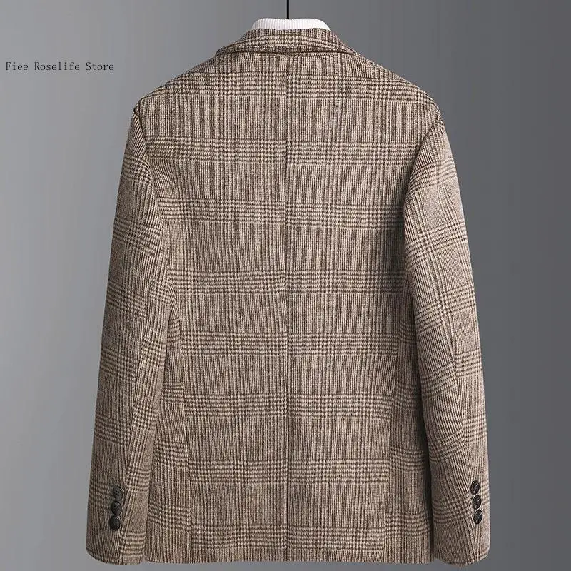Spring and Autumn Winter Leisure Loose Commuter Checkered Long Sleeve Collar Woolen Suit Coat Jacket Men's Wear