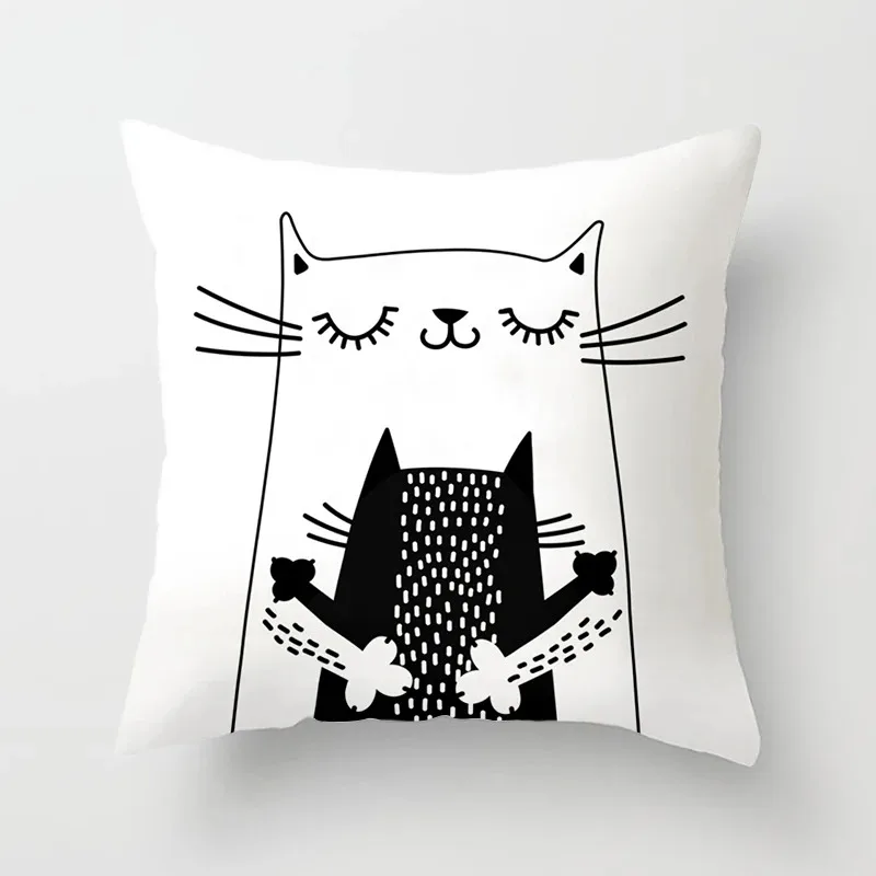 Funny and Cute Black and White Big Eyed Cute Lover Cat Pillow Case Cushion Cover Polyester Pillow Sofa Car Home Decor Room Decor